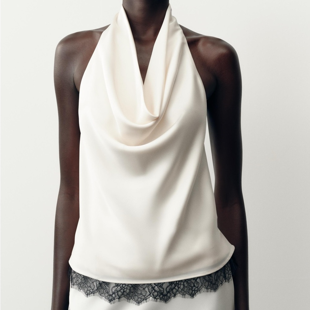 ZARA Cream Satin Silk Halter Top with Black Lace Trim